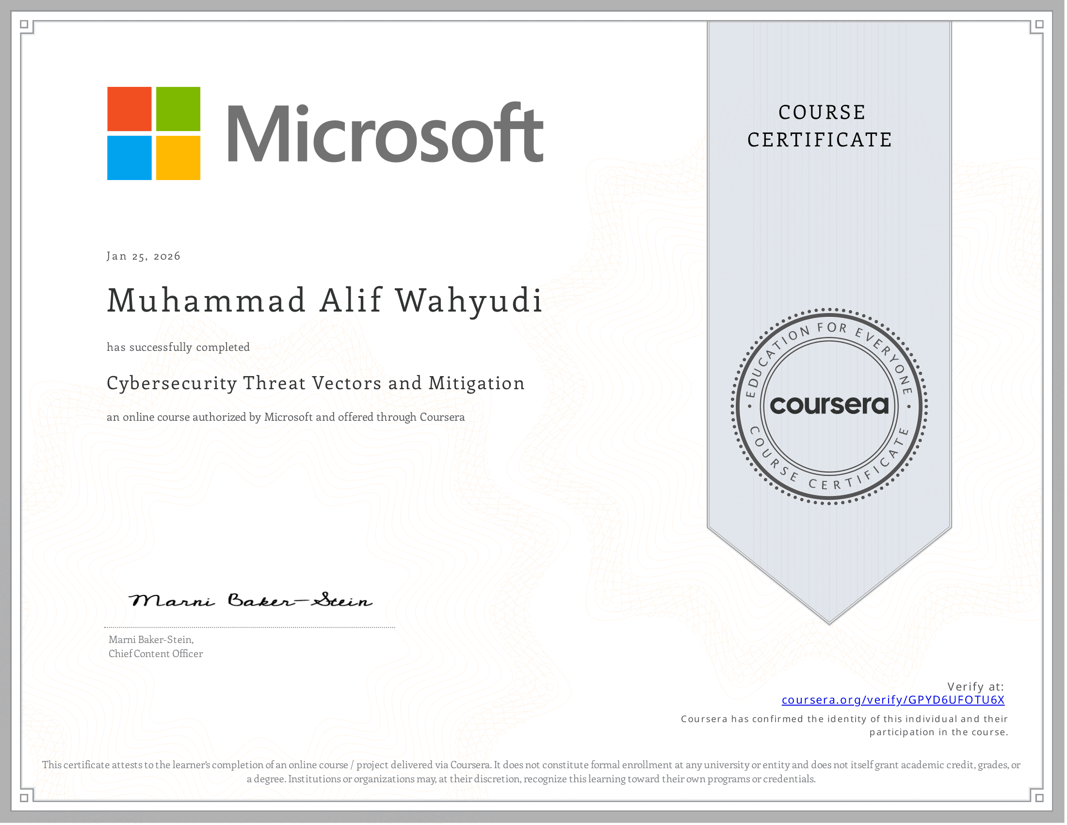 Cybersecurity Threat Vectors and Mitigation (Coursera)